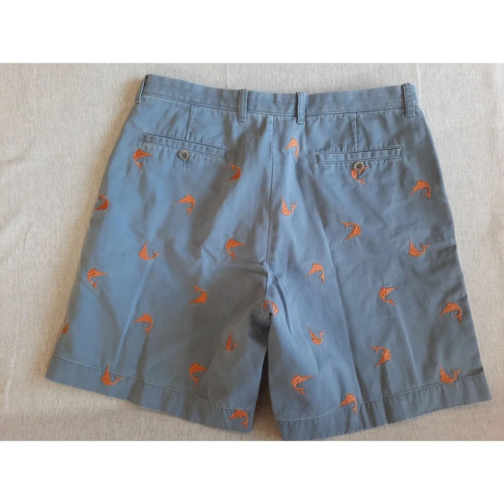 J. Crew Mens 36 Embroidery Animal Fish Logo Allover Flat Front Short Pure Cotton
